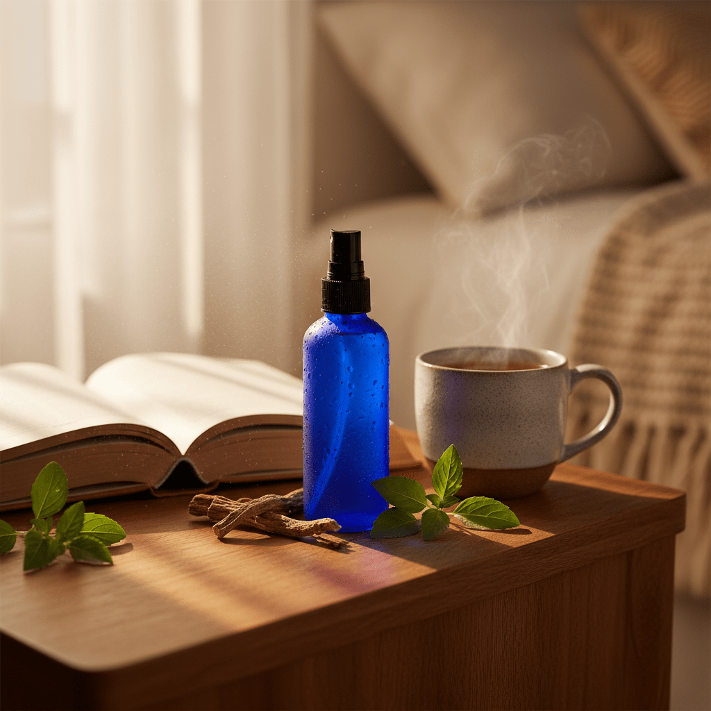 Deep blue hair growth oil spray on a nightstand with tea and herbs.