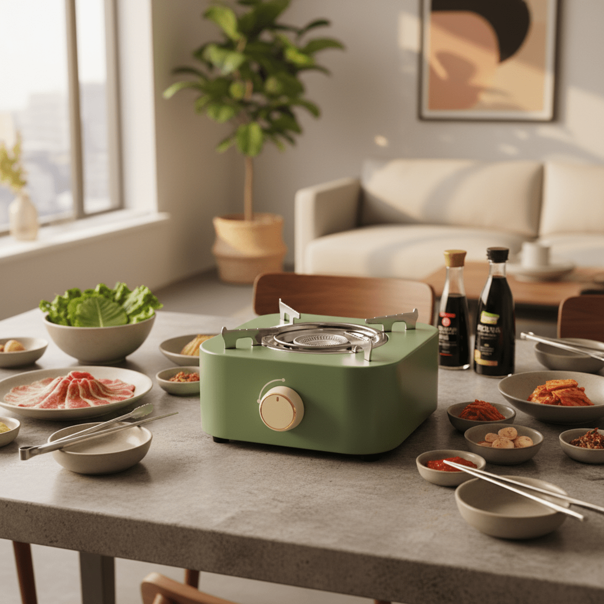Compact sage green retro gas stove on a modern dining table for Korean barbecue.