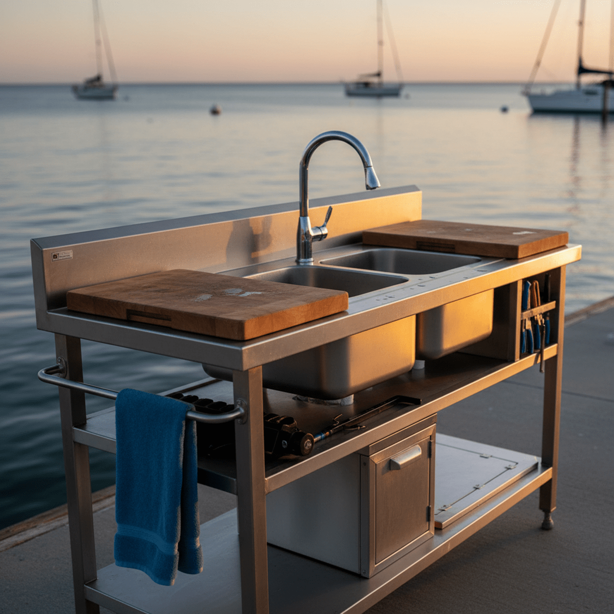 Professional fishing prep table with sinks, cutting boards, and tool storage on a marina pier.