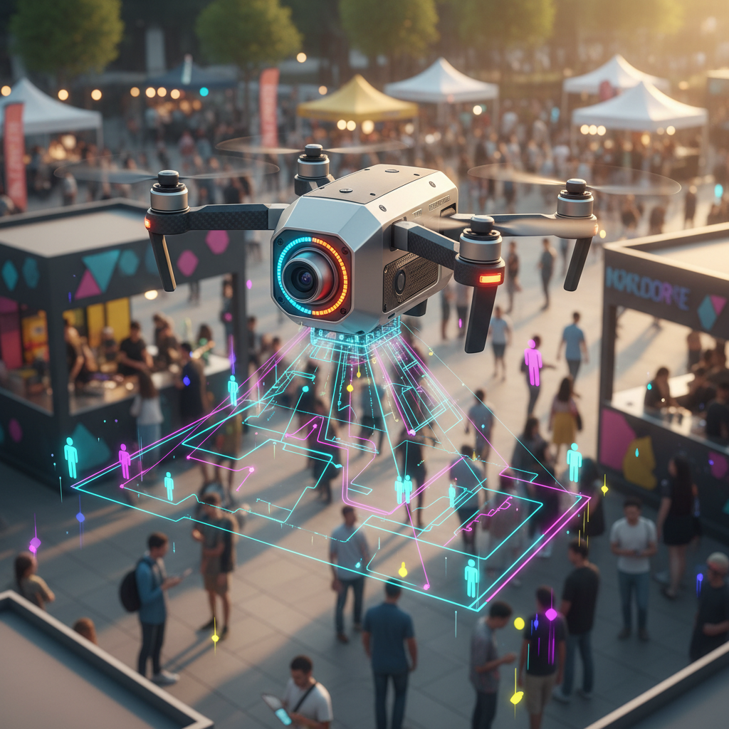 Mini drone projects glowing flow diagrams over a lively outdoor event plaza.