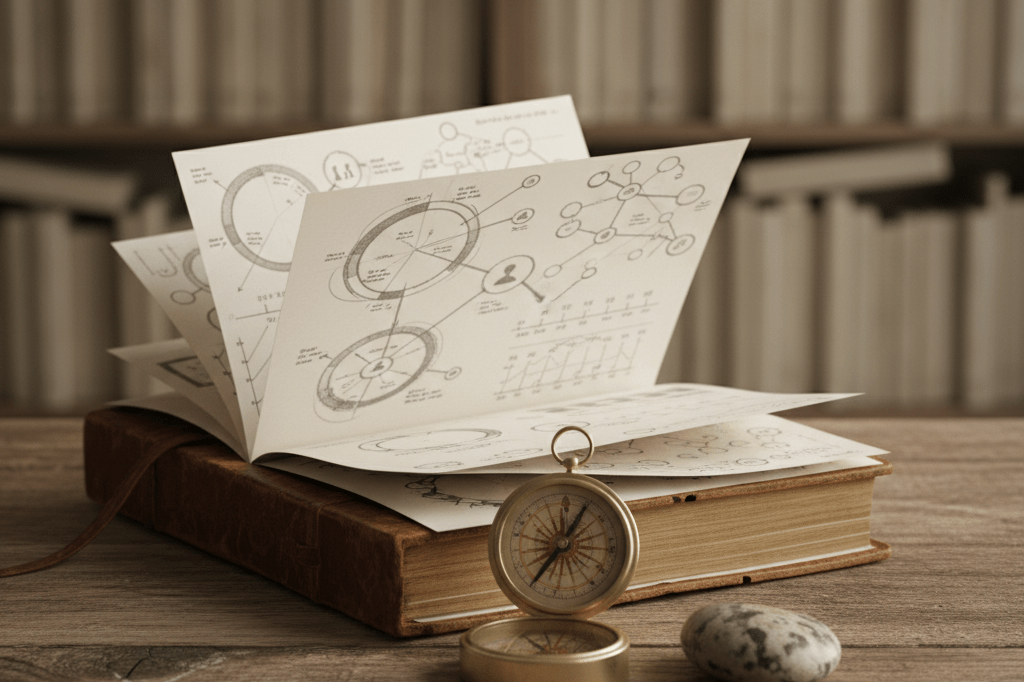 Medium shot of an open leather journal with hand-drawn strategy diagrams, a vintage compass, and a river stone on a rustic wooden table in natural light
