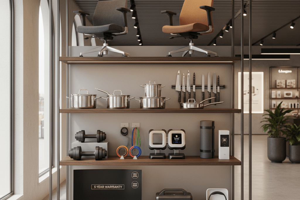 Medium shot of a well-lit retail shelf featuring ergonomic chairs, stainless kitchenware, fitness gear, and electronics for mature working consumers