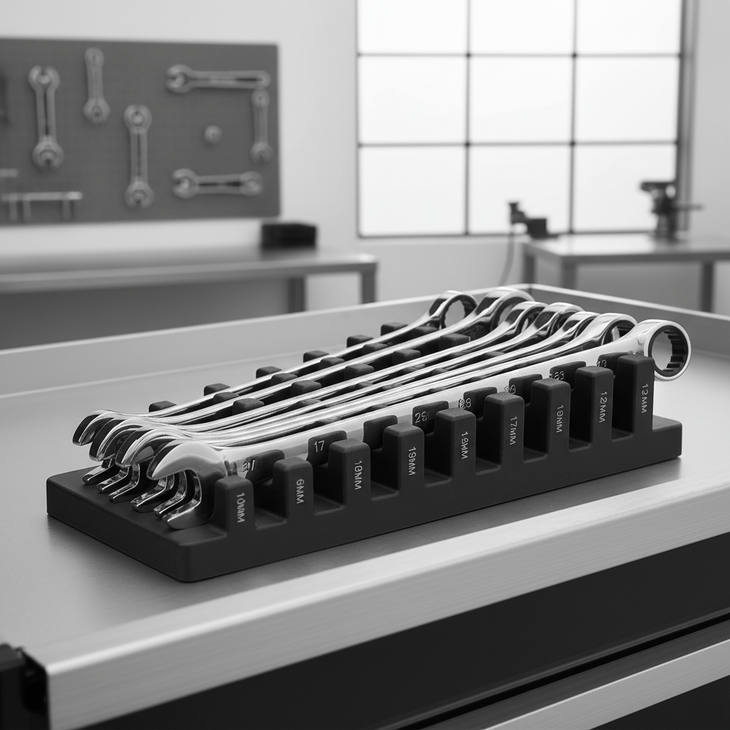 Slanted organizer displays wrenches with visible size markings in a tool chest drawer.