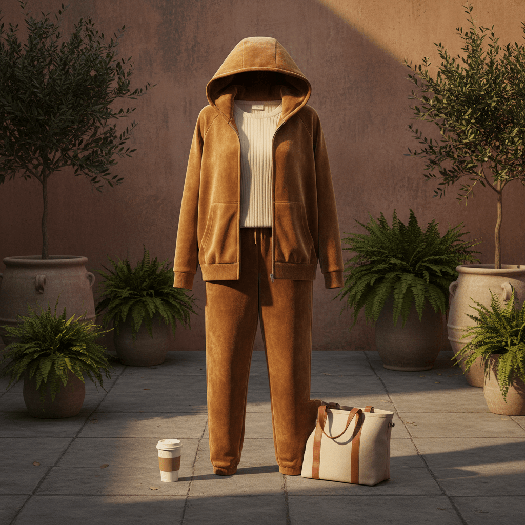 Warm camel velvet tracksuit styled casually in an urban courtyard during golden hour.