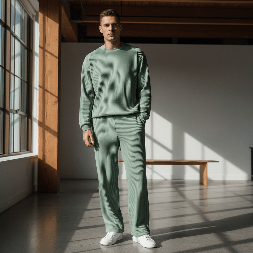 Sage green ribbed lounge set on male model in modern loft interior.