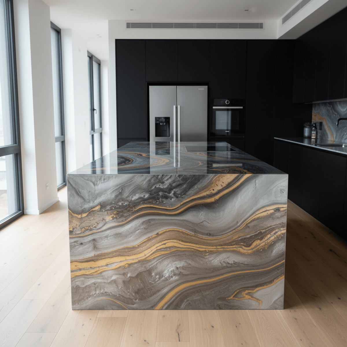 Modern kitchen island with swirling metallic veining epoxy resin countertop.