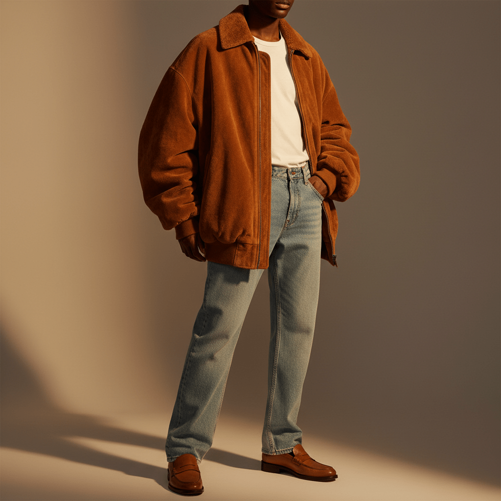 Oversized caramel suede bomber jacket with cocoon silhouette over a white t-shirt.