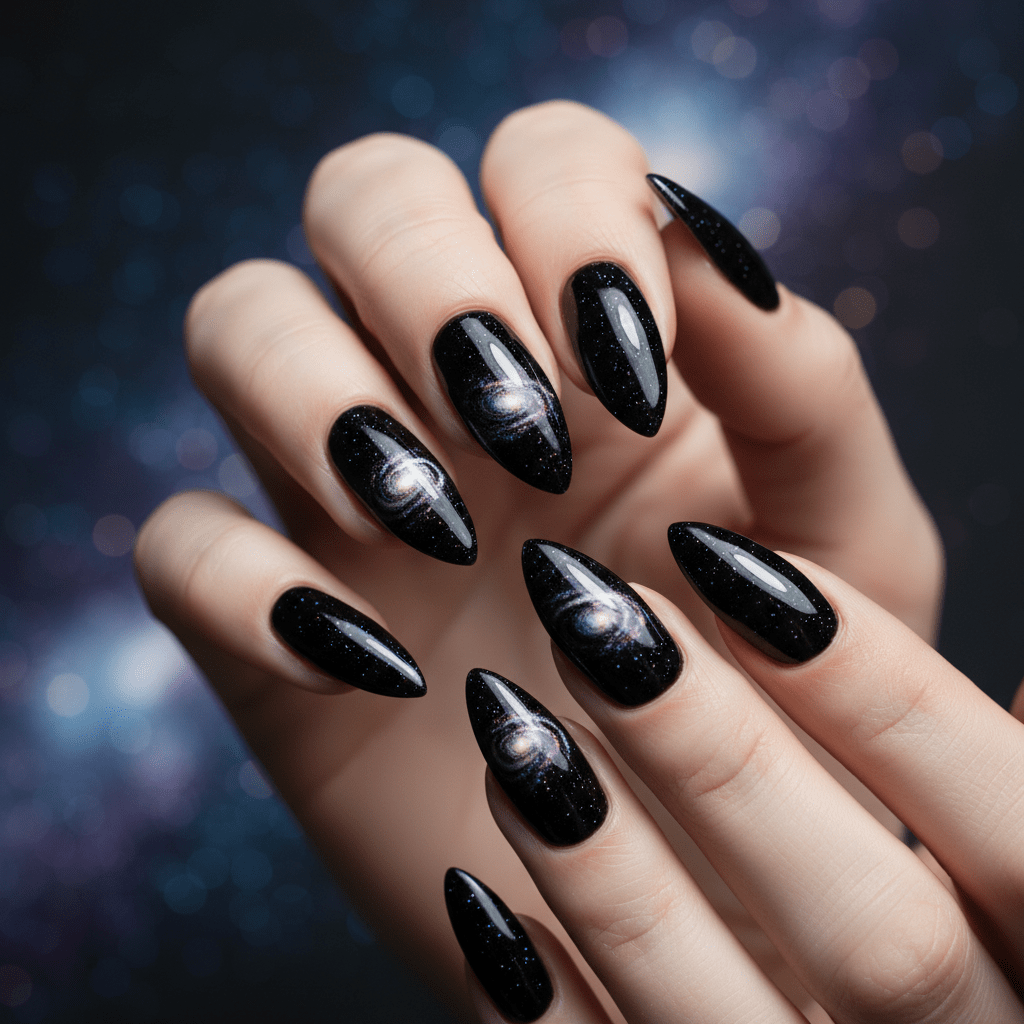 Elegant stiletto nails with magnetic black polish and cosmic cat-eye swirls.