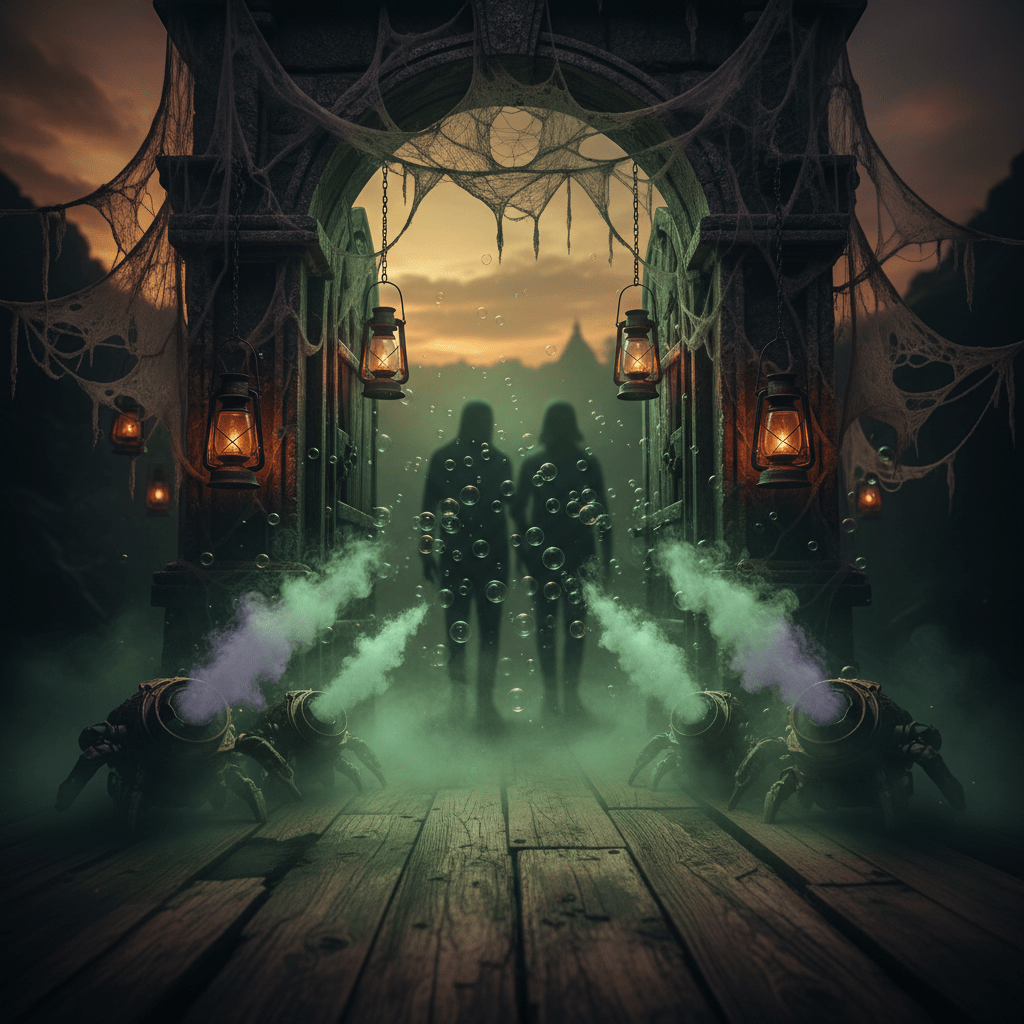 Eerie portal doorway filled with ghostly fog and spectral green and purple glow.
