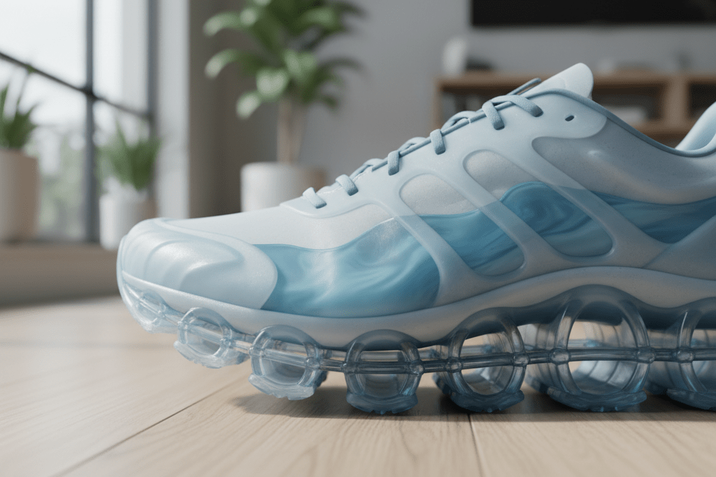 Close-up of a futuristic running shoe midsole featuring translucent chambers with blue-tinted liquid, highlighting advanced cushioning innovation under natural light.