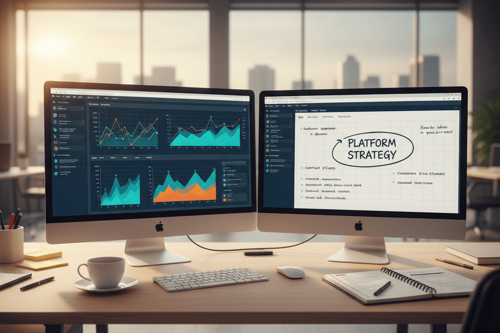 Wide shot of an organized digital marketing desk with analytics screens and notebooks under natural and ambient light, reflecting platform transition planning