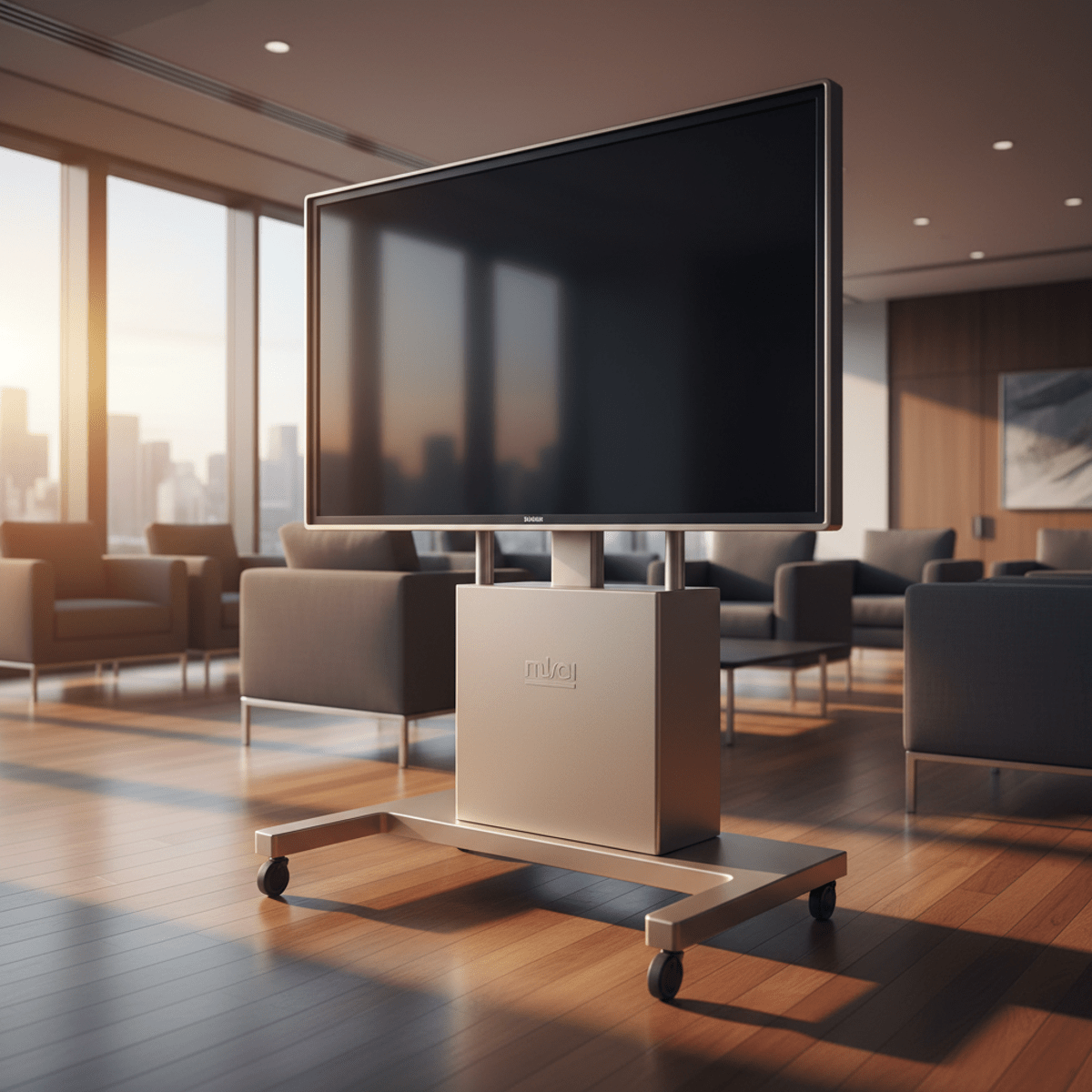 Sophisticated portable TV on wheels in a modern conference center with champagne frame.