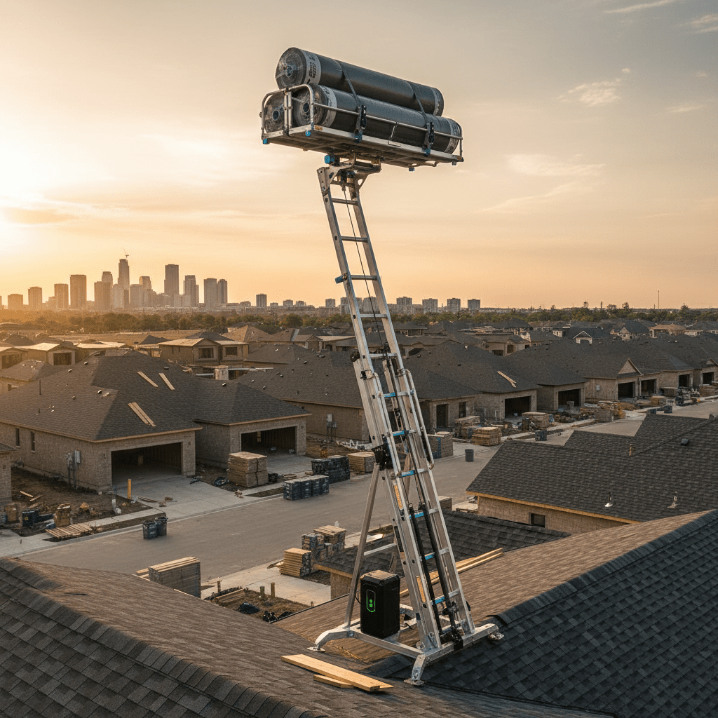 Modern ladder hoist lifts membrane rolls on a bustling residential development at golden hour.