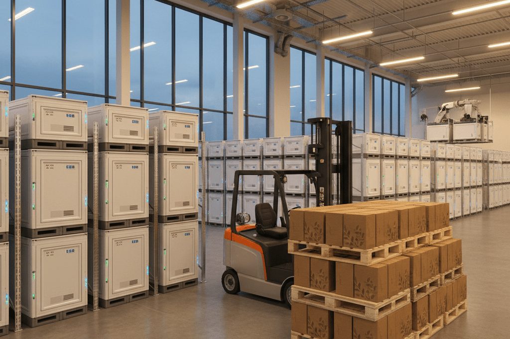 Rows of temperature-controlled crates and organized pallets in a logistics hub under natural evening light, reflecting sustainable procurement advancements