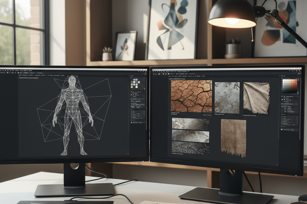 Medium shot of a designer's desk with dual monitors showing 3D wireframes and sketchbook, lit by natural and ambient light