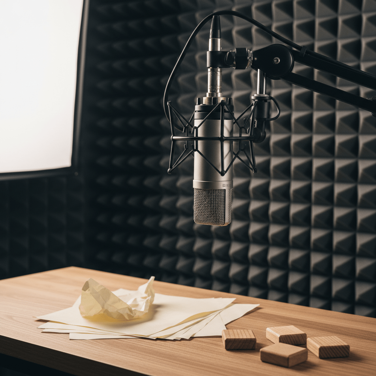 Sleek condenser microphone in a sound-treated studio with foam panels and delicate props.