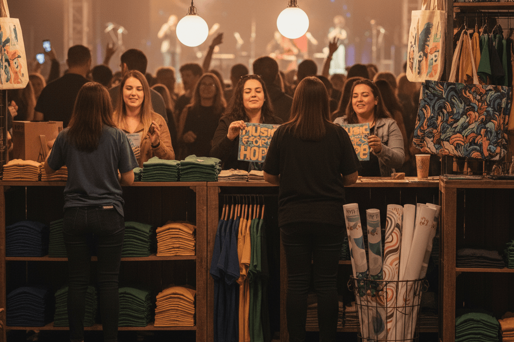Wide shot of an organized charity concert merch booth with warm lighting and attendee silhouettes, evoking community support