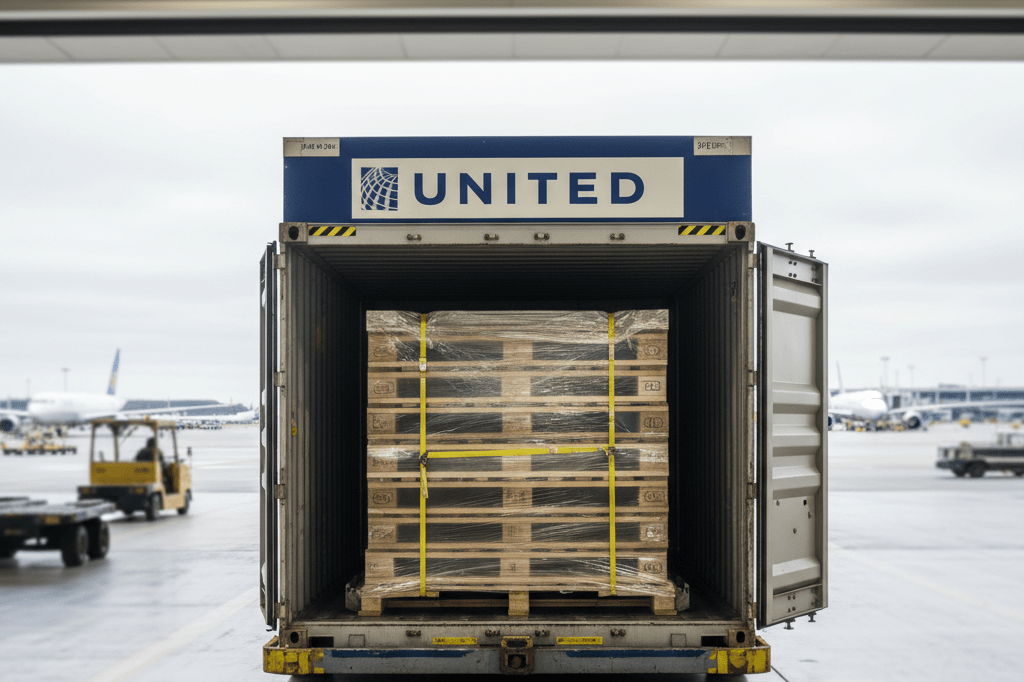 Medium shot of standardized shipping pallets in an open cargo container at O'Hare airport freight area under natural overcast light