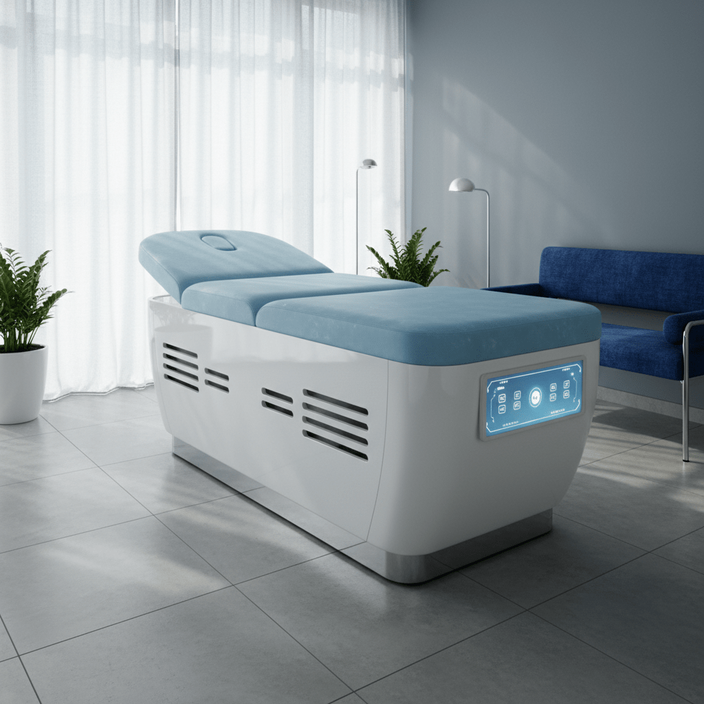 Advanced therapy table with cooling gel and tech controls. Modern physical therapy table with cooling gel memory foam and integrated controls.