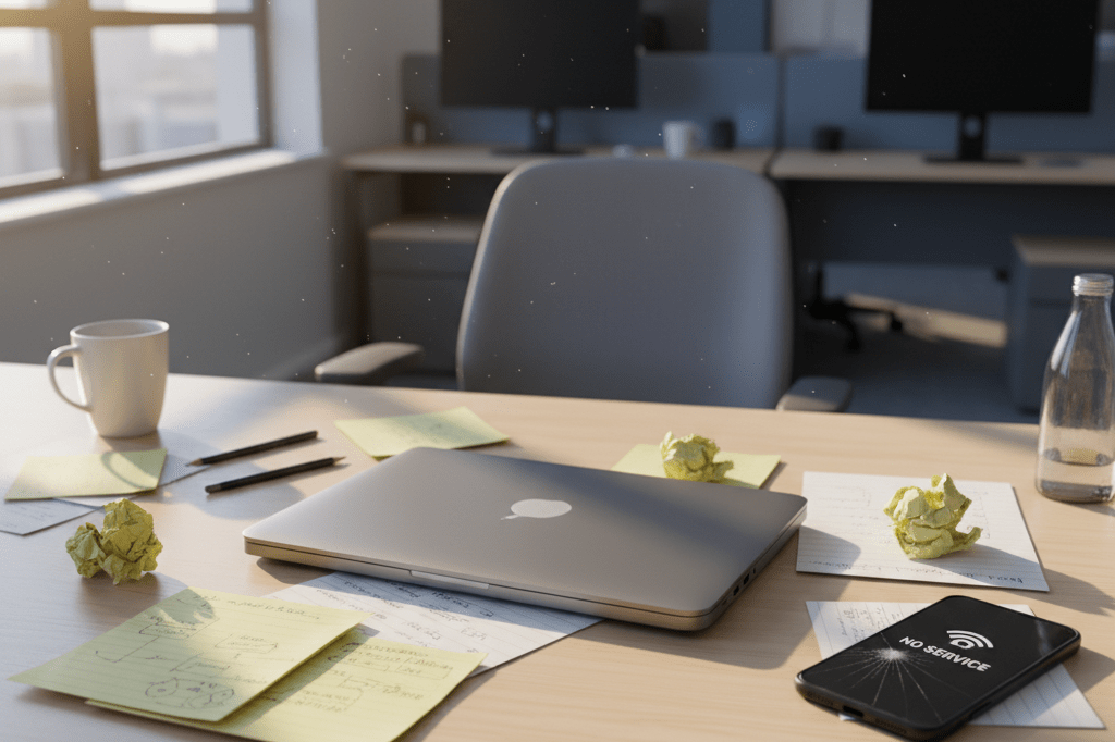 Photorealistic image of an office desk with closed laptop and phone showing no service under warm ambient light