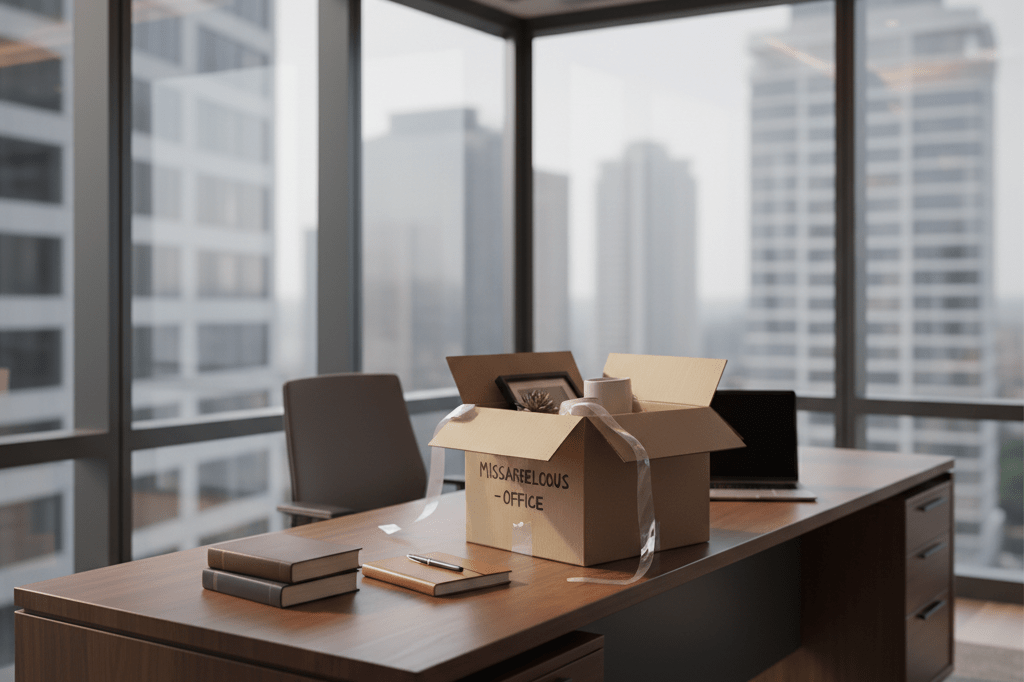 Partially packed executive desk with personal items under natural light, symbolizing leadership departure and organizational change