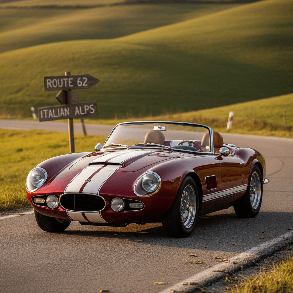 Sleek retro convertible roadster on a winding country road during golden hour.