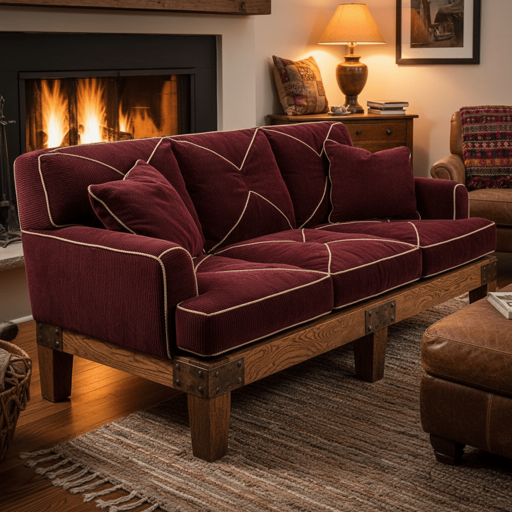 Handcrafted artisanal sofa with burgundy corduroy, contrast stitching, and visible tool marks on wooden legs.