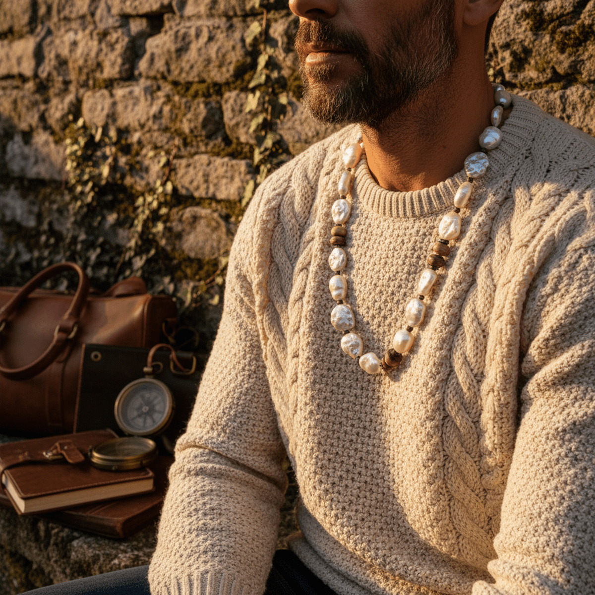 Man wearing handcrafted baroque pearl necklace over chunky knit sweater.