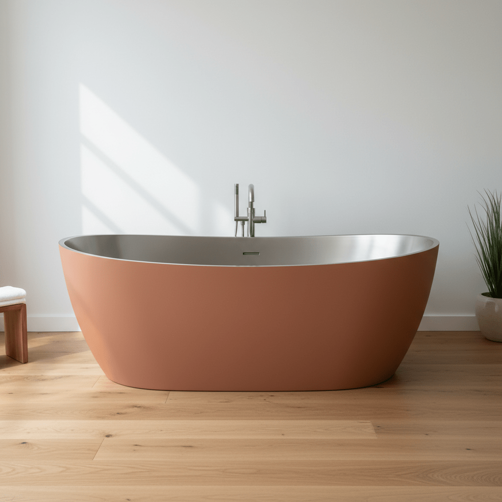 Sleek oval tub with terracotta exterior in a minimalist bathroom with oak flooring.