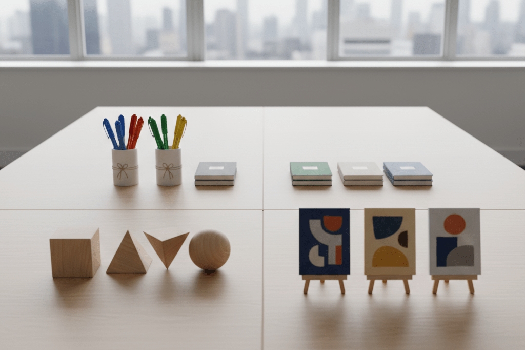 Wide shot of an office desk showcasing categorized groups of items under natural light, symbolizing structured market analysis techniques
