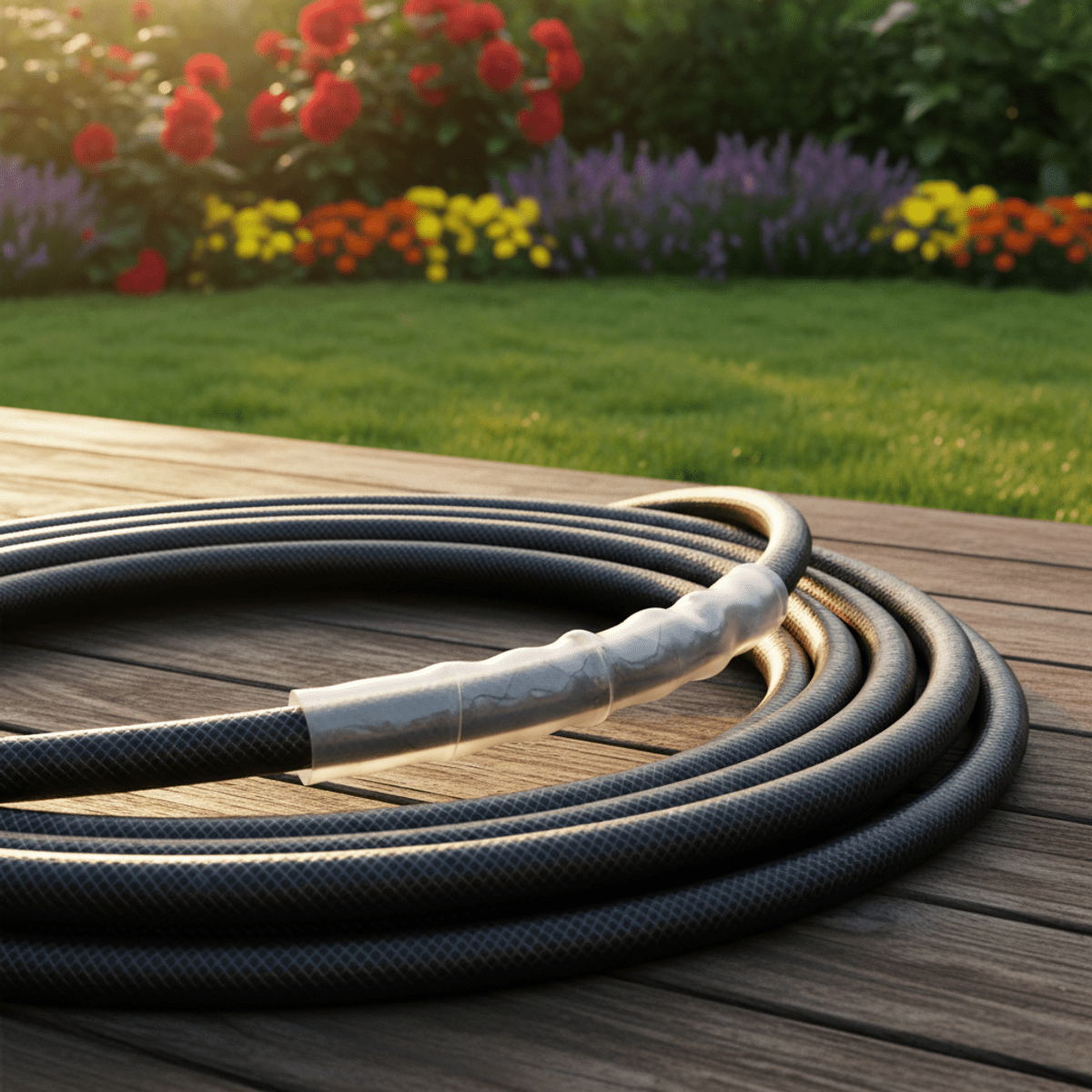 A coiled garden hose with a seamless, waterproof repair on a wooden deck.