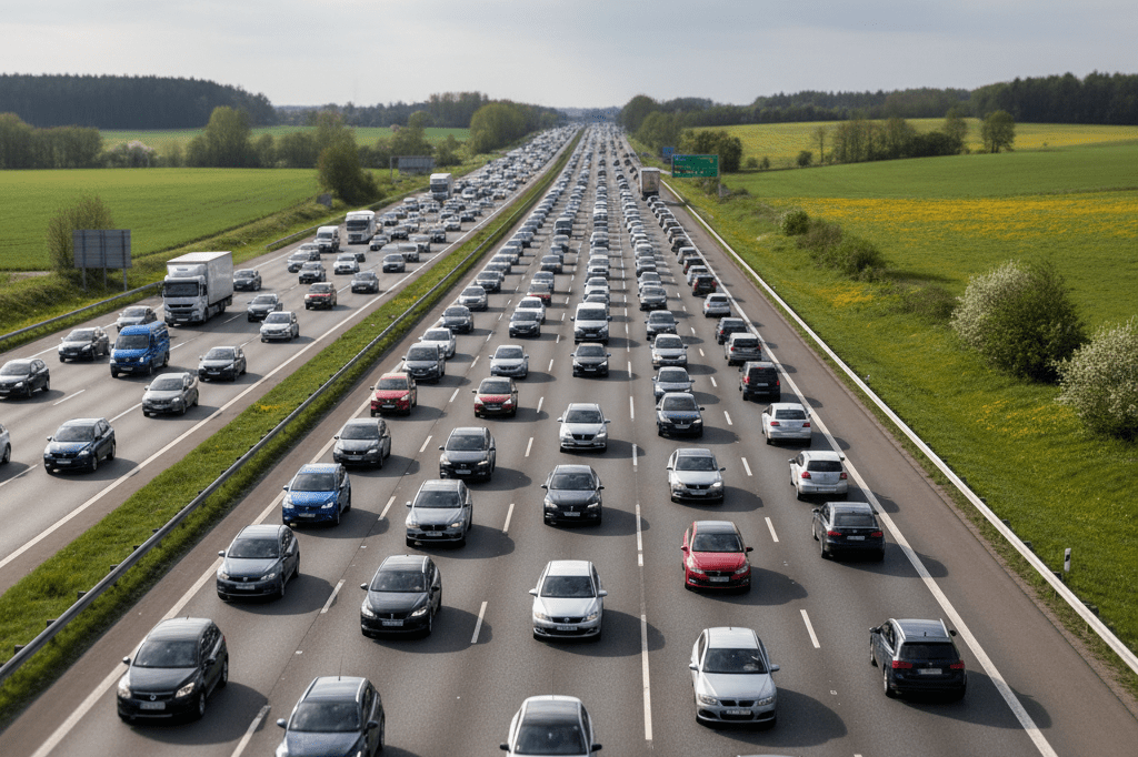 Photorealistic image of congested highway filled with cars and trucks amid Easter holiday traffic