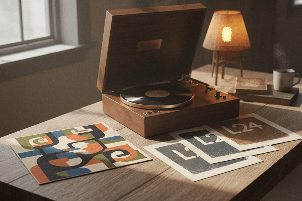 A vintage record player and abstract vinyl sleeve alongside mysterious L24 posters under soft natural lighting