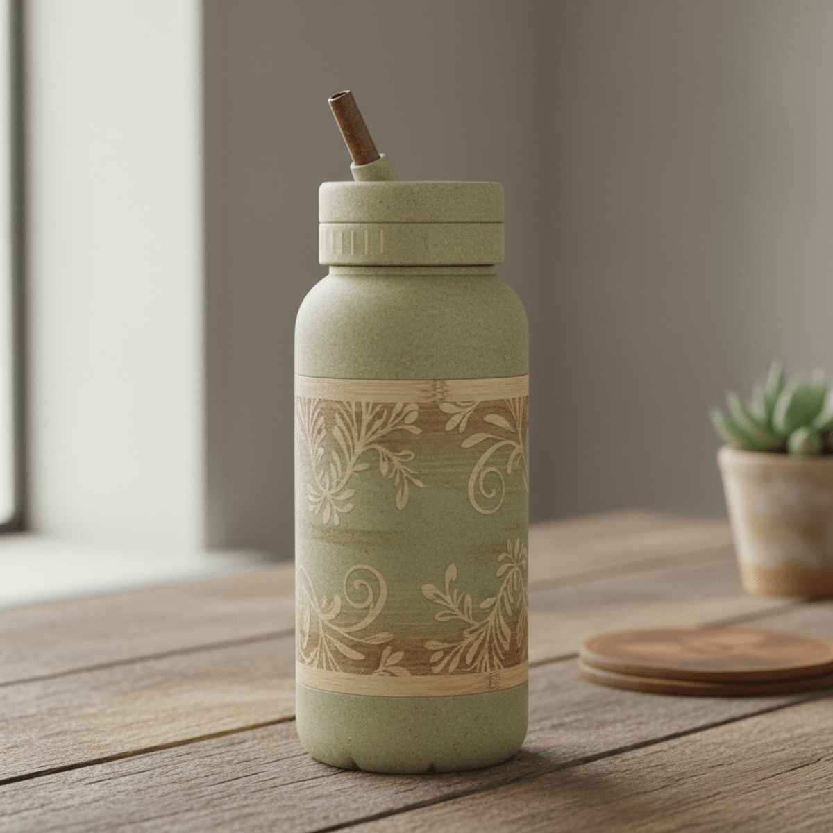 Eco-luxe water bottle crafted from bamboo, wheat straw, and coffee grounds.