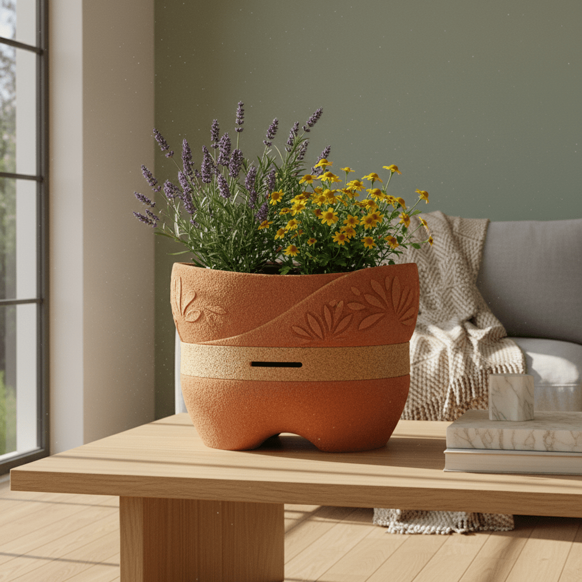 Dual-purpose planter with herbs in natural light Textured terracotta and cork planter with herbs, in a modern home.