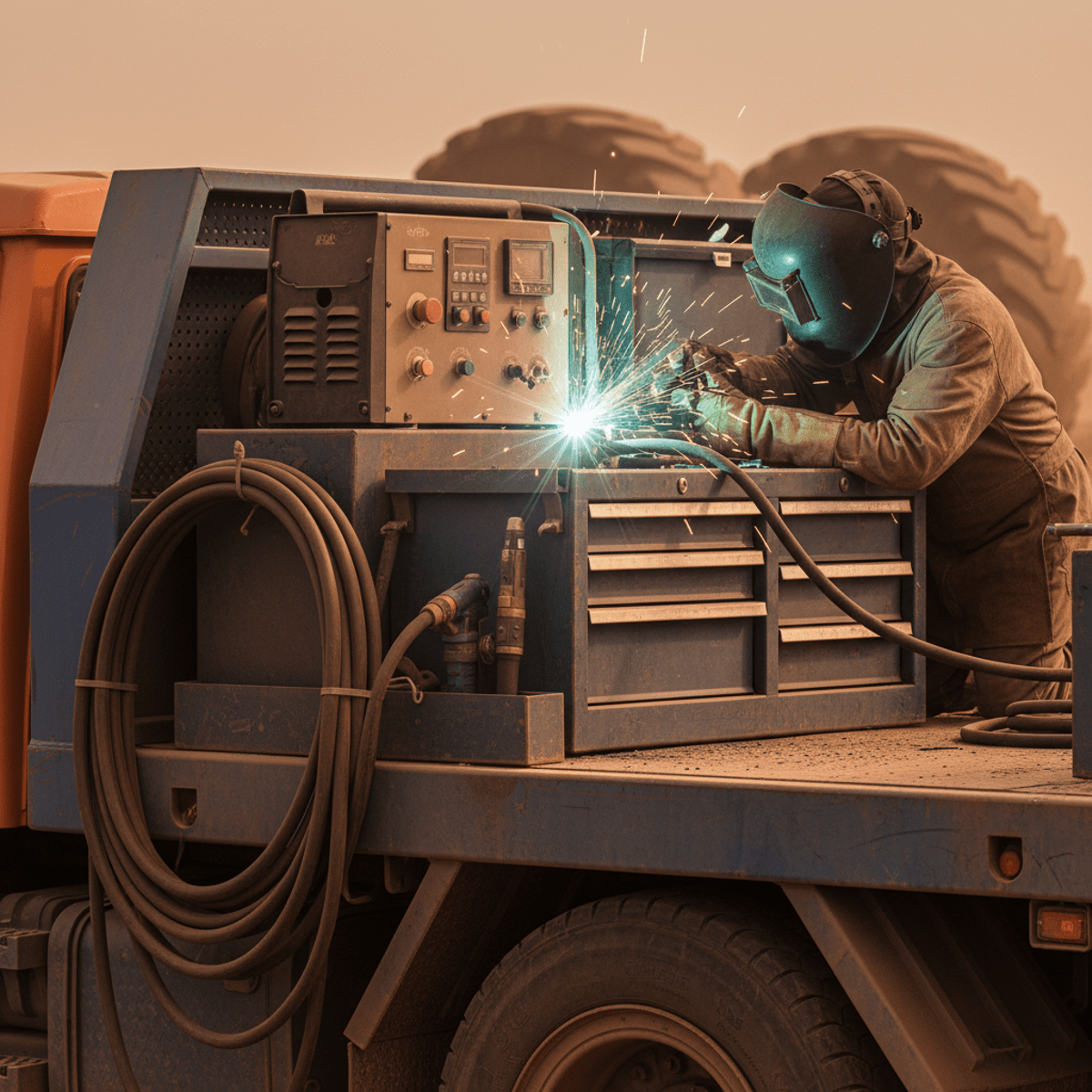 Mobile welding plant in arid mine, thick cables, plasma cutter, dusty steel surfaces.