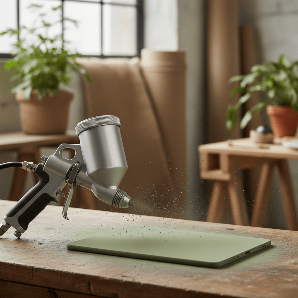 Professional powder coating gun applies eco-friendly bio-resin matte finish to electronics.