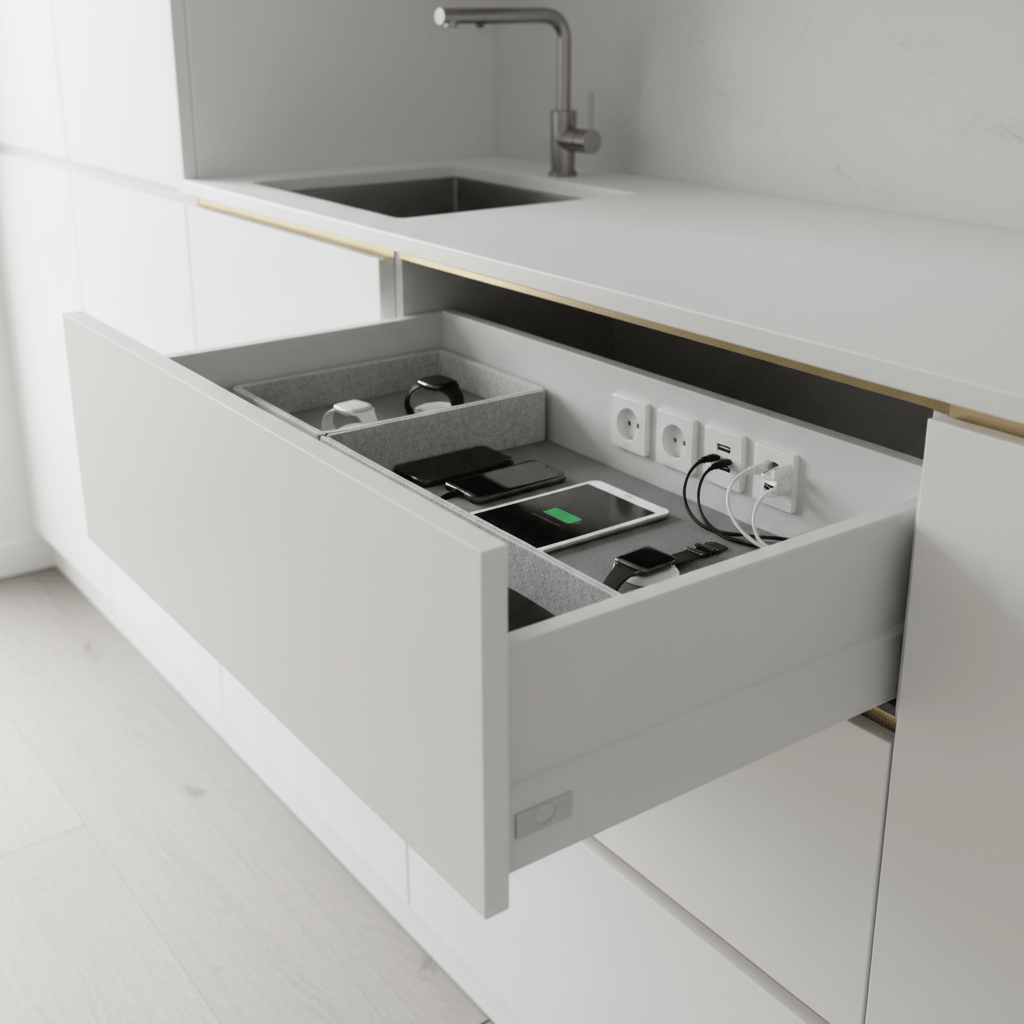 Sleek white in-drawer charging station organizing tech with USB-C ports.