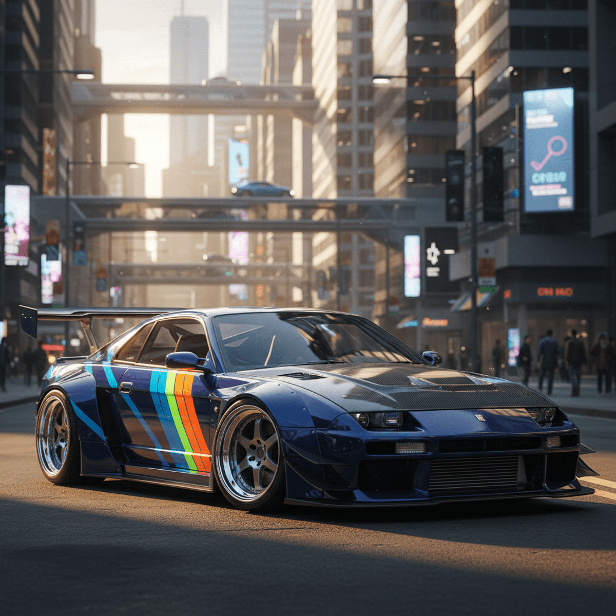 Aggressive vintage car with wide body kit and bold graphics in golden hour light.