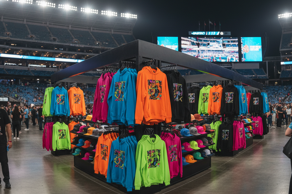 Colorful hoodies and caps displayed at a stadium merchandise booth under ambient lighting, capturing the energy of live events