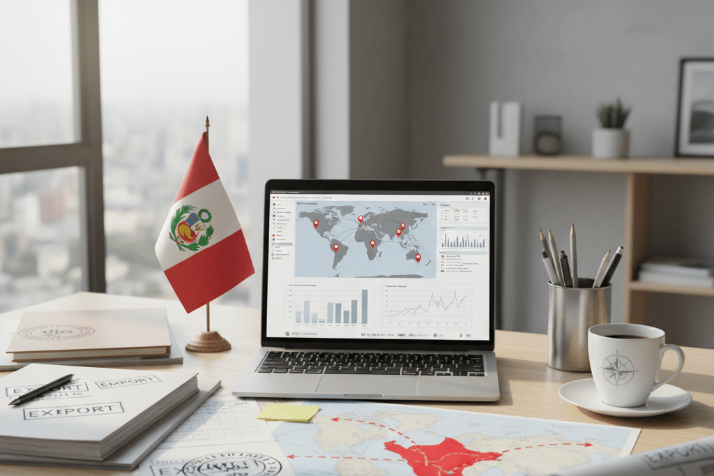 Desk setup symbolizing strained Peru-Mexico trade relations Office desk with trade documents, laptop, flags, and map highlighting Peru-Mexico diplomatic tensions under natural light