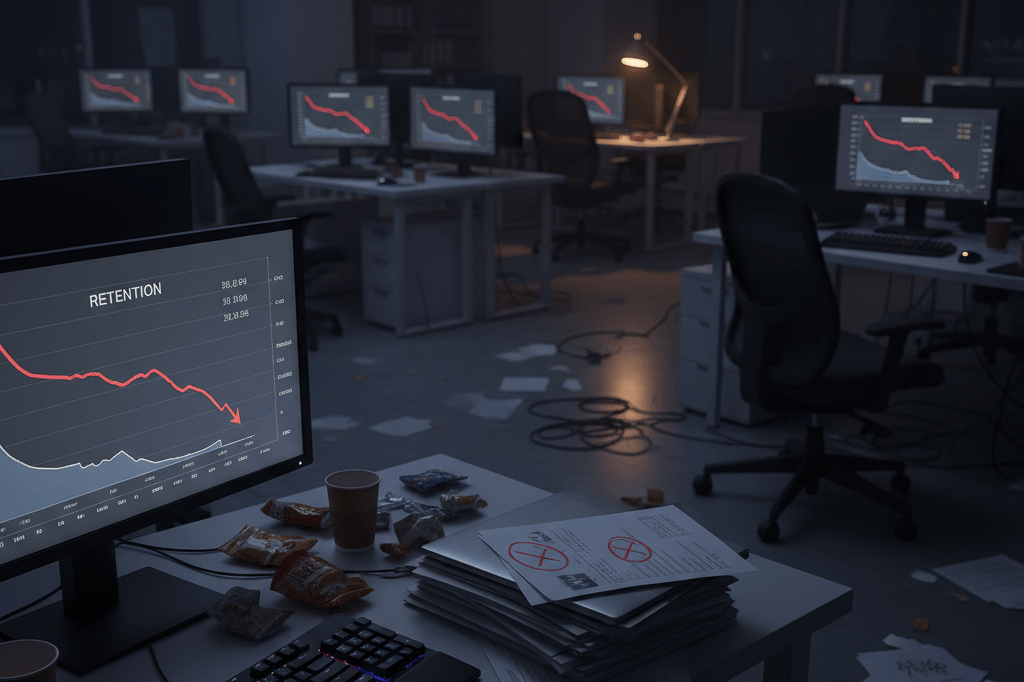 Dark gaming office with glowing screens showing declining metrics and printed reports symbolizing rapid product failure