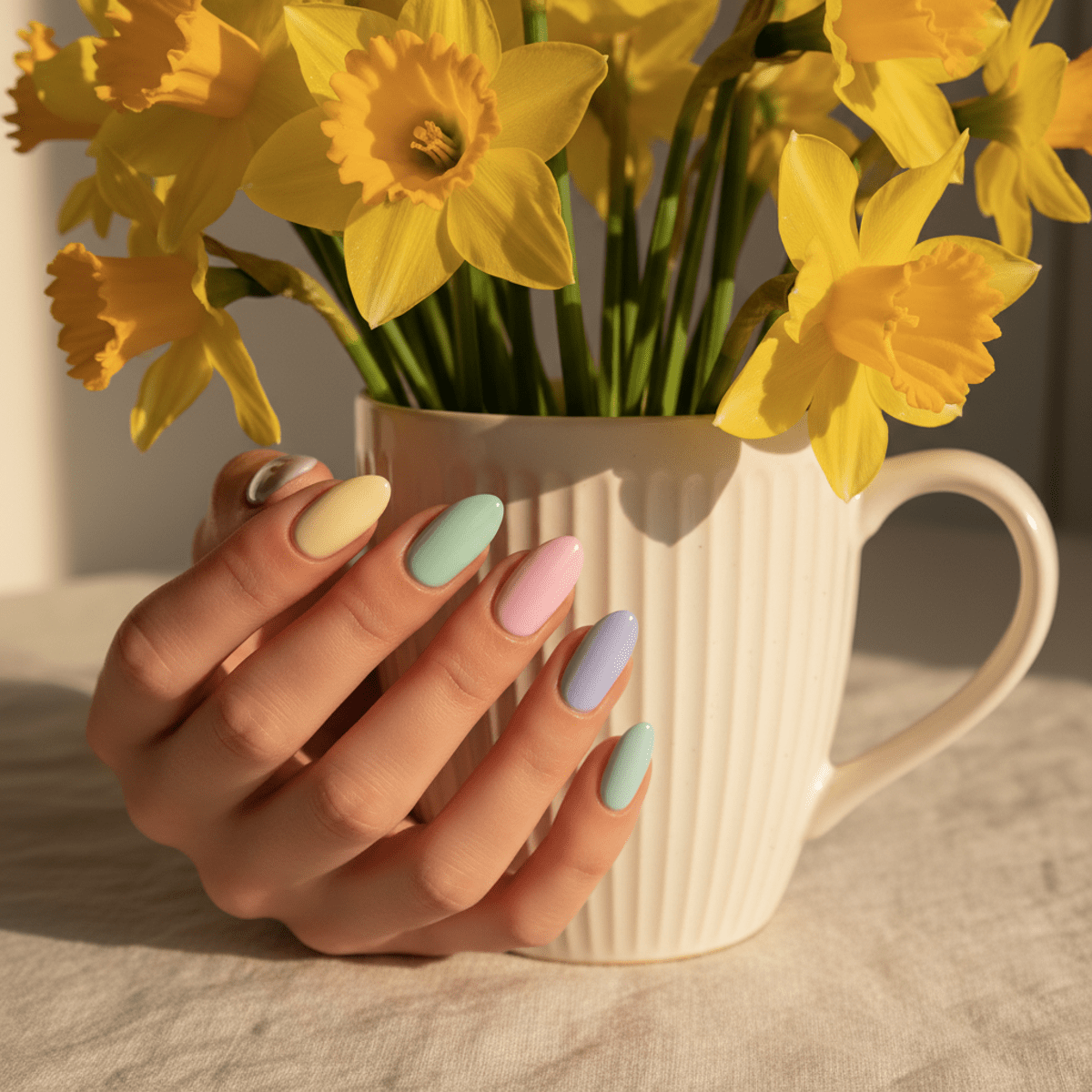 Creamy pale yellow and pastel spring nails with daffodils and golden hour light.