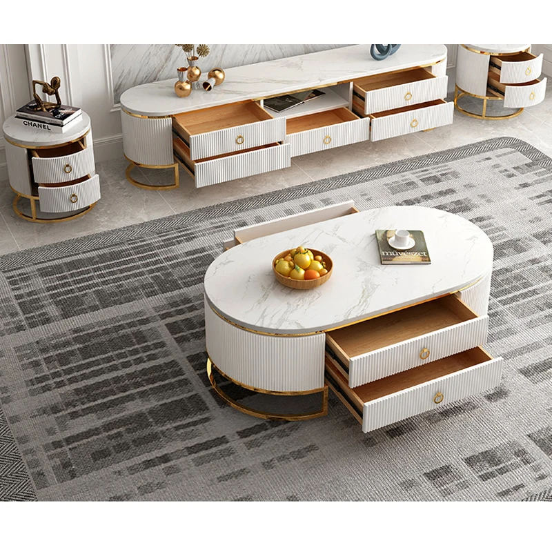 Modern black white color oval marble and brass round coffee table tv stand set
