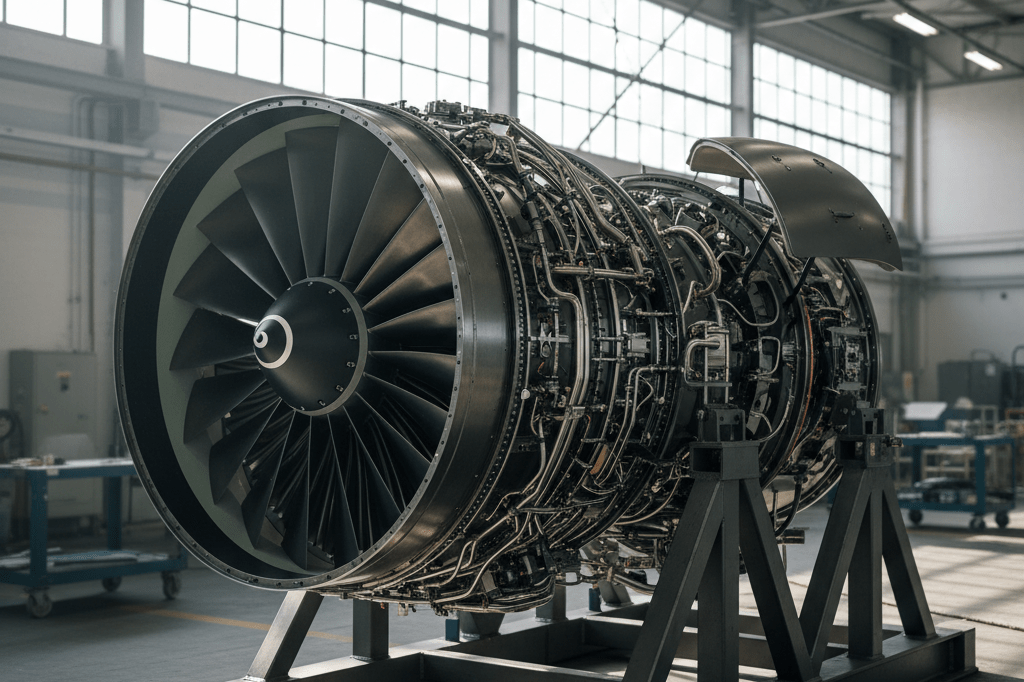 Medium shot of a high-tech aircraft engine on a maintenance test stand in a well-lit aviation facility