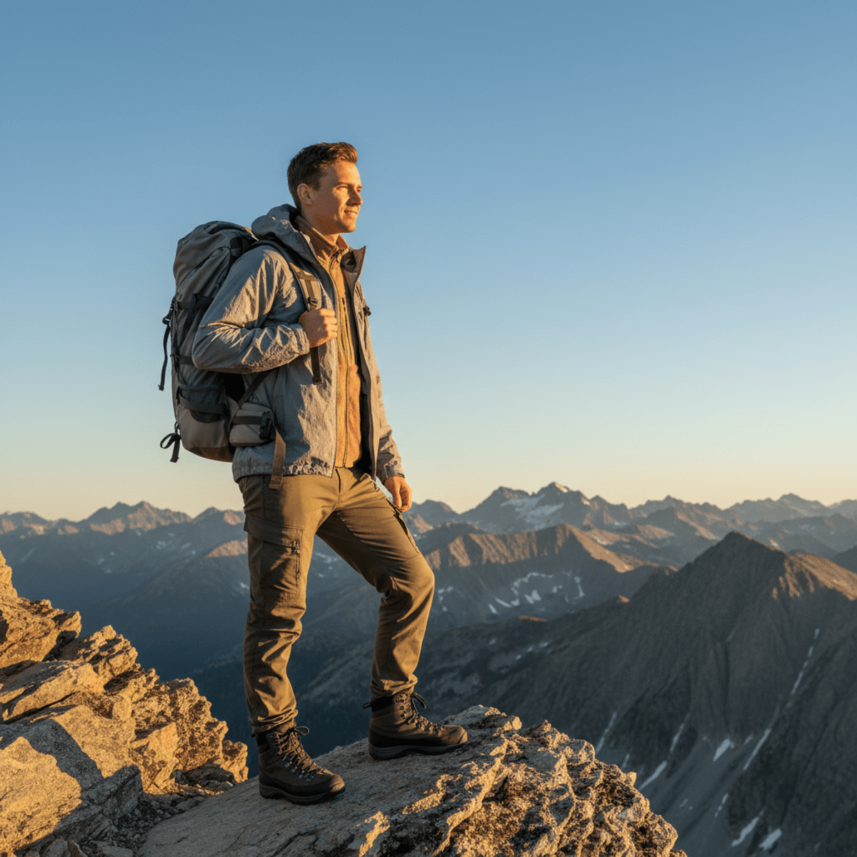 Hiker in muted stone gray jacket and olive cargo pants on rocky mountain ledge.