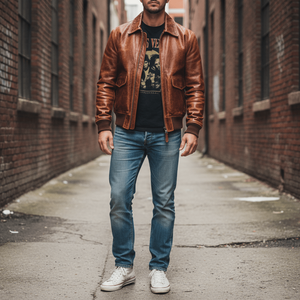 Man in distressed cognac leather jacket and vintage band tee in urban alley.