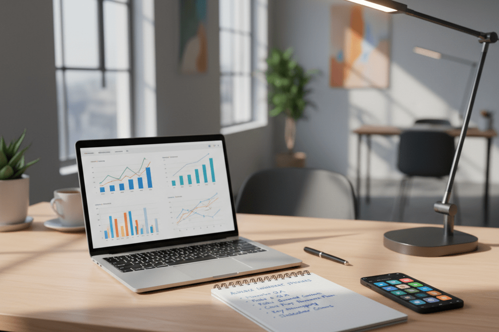 Sleek desk with laptop, notebook, and phone under natural light, symbolizing tools for digital marketing success