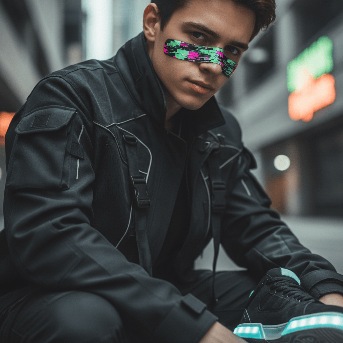 Young urban explorer with glitch-art bandaid, techwear jacket, and LED sneakers.