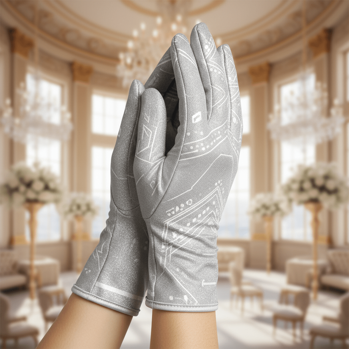 Elegant hands in sleek microcurrent gloves with plumped skin, blurred wedding background.